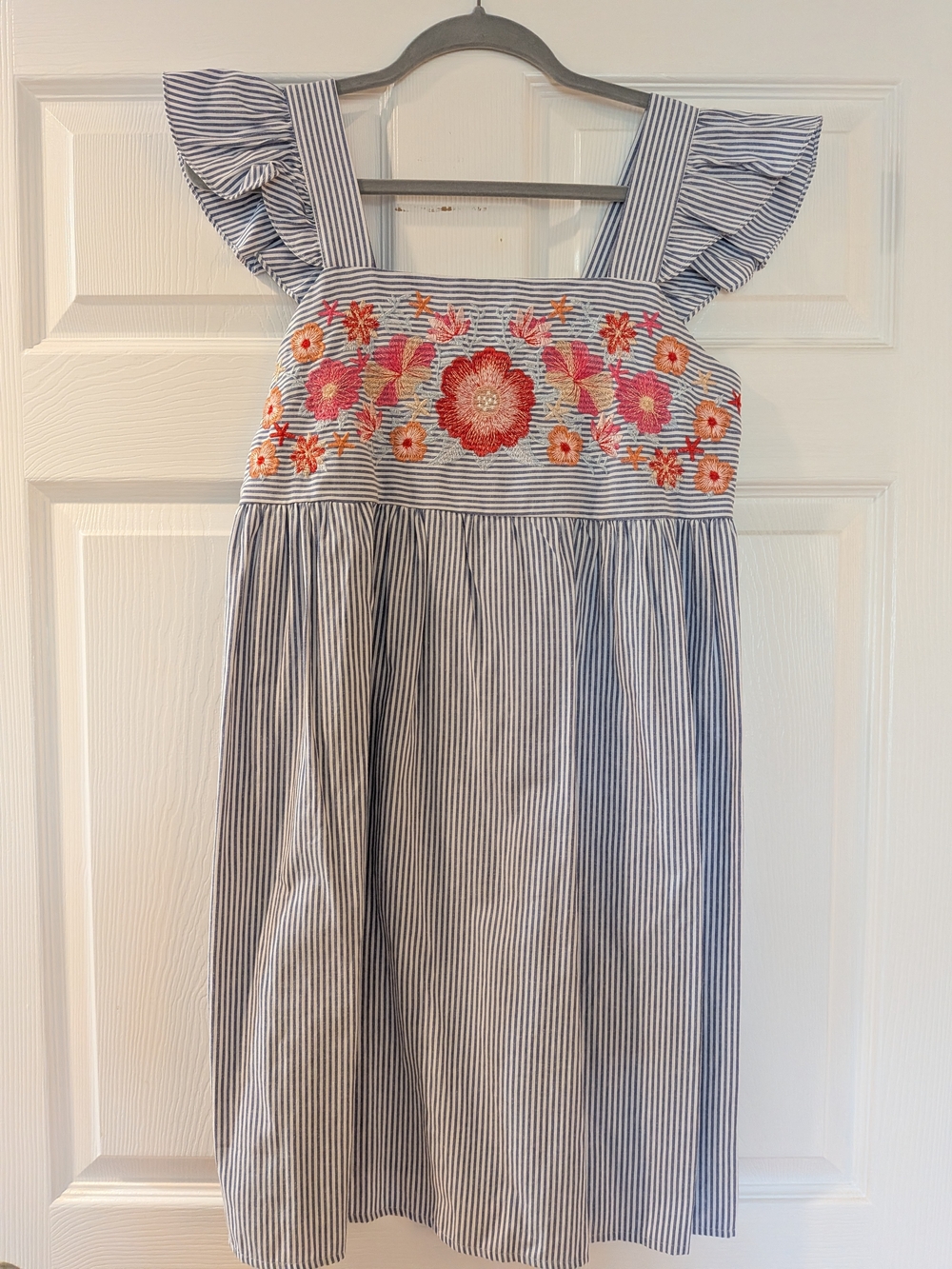 Blue Striped Embroidered Floral Sundress
